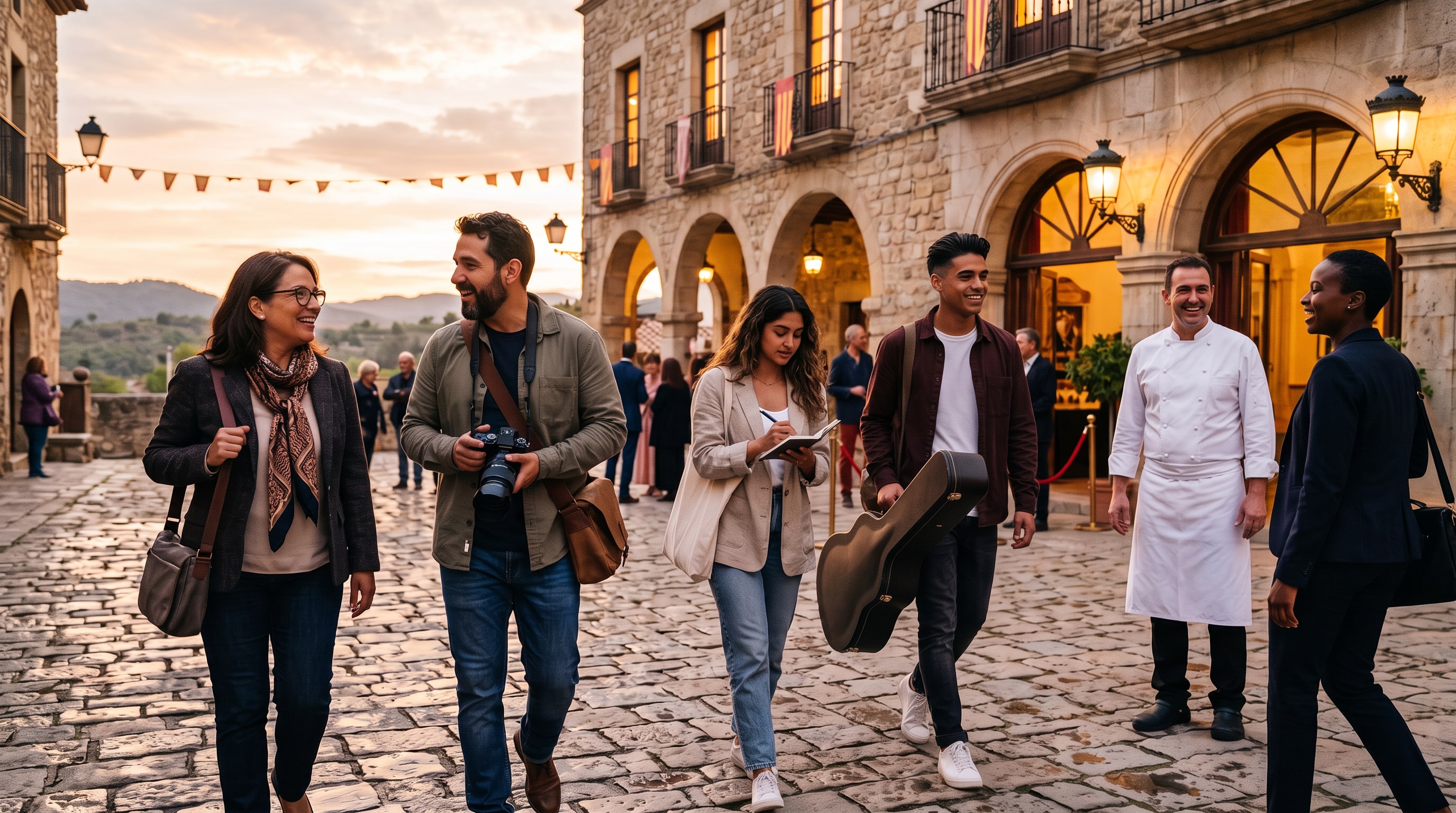 Professionals arriving at a Spanish cultural festival