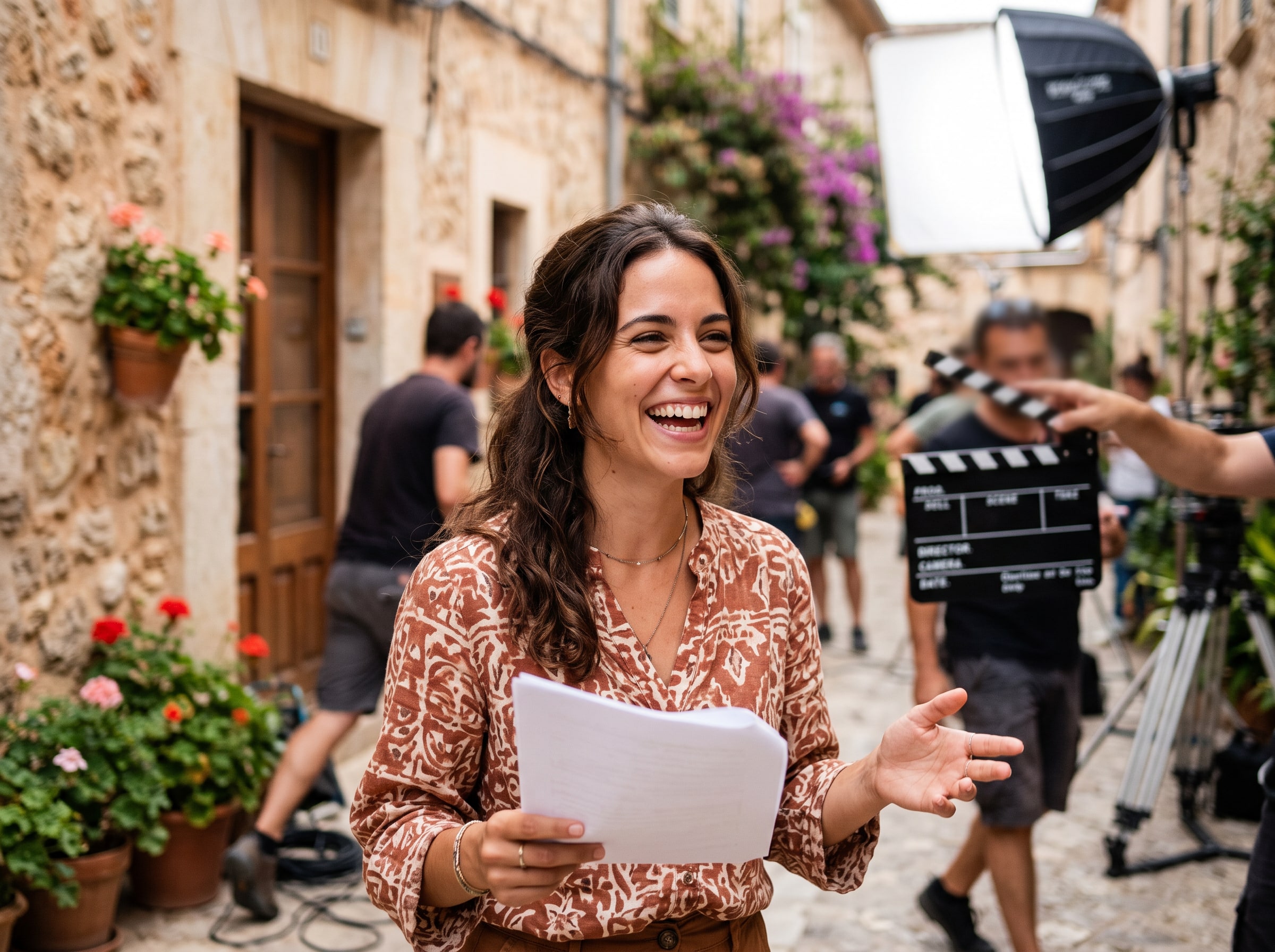 A female actress rehearsing a cheerful scene
