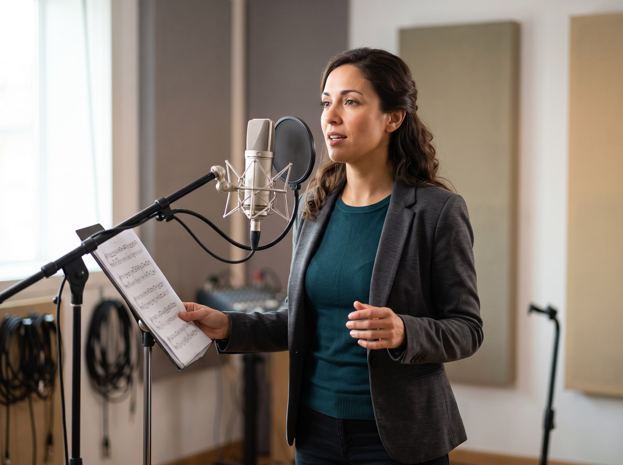 A female singer rehearsing with a microphone