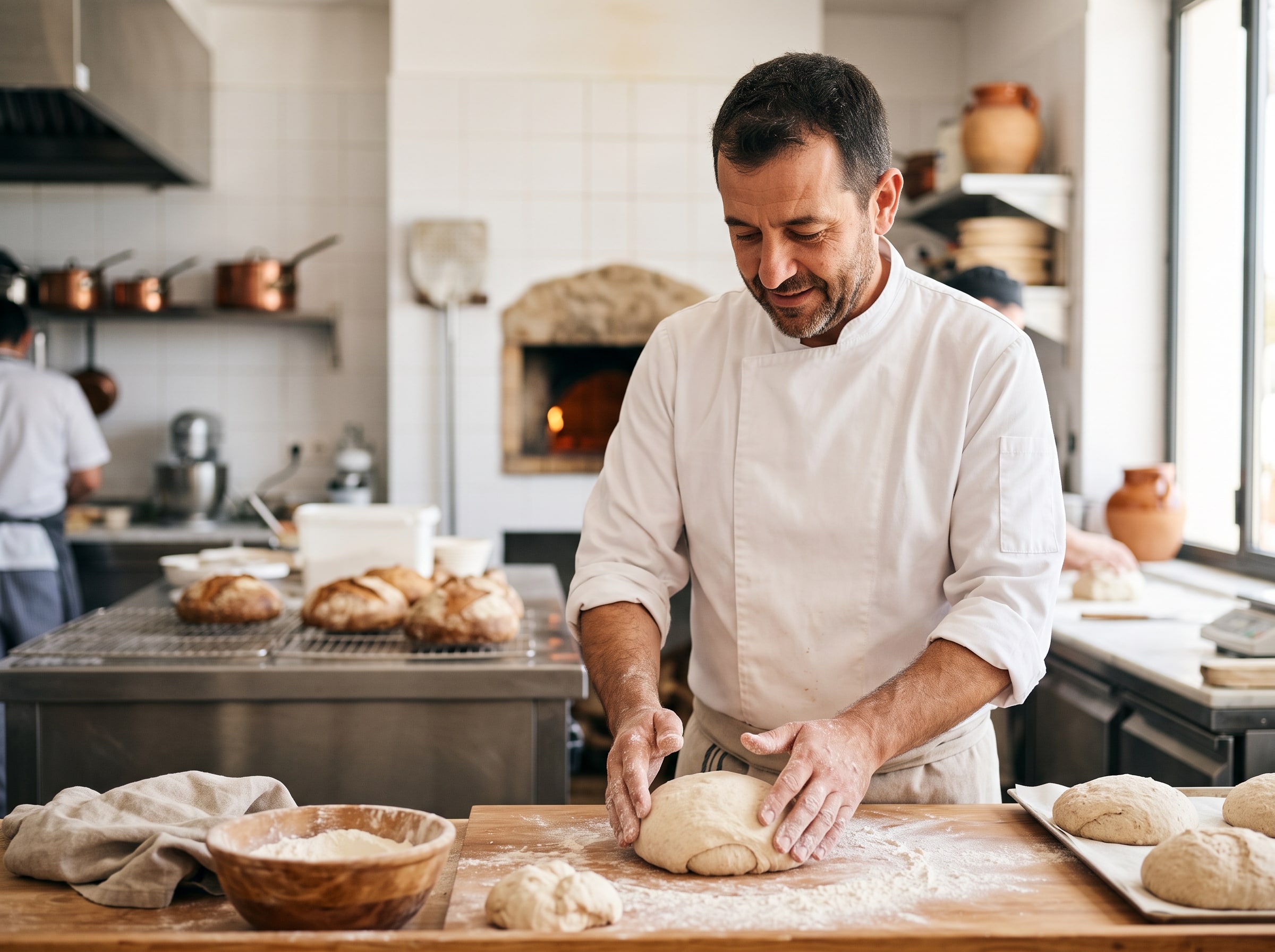 A male cook preparing bread