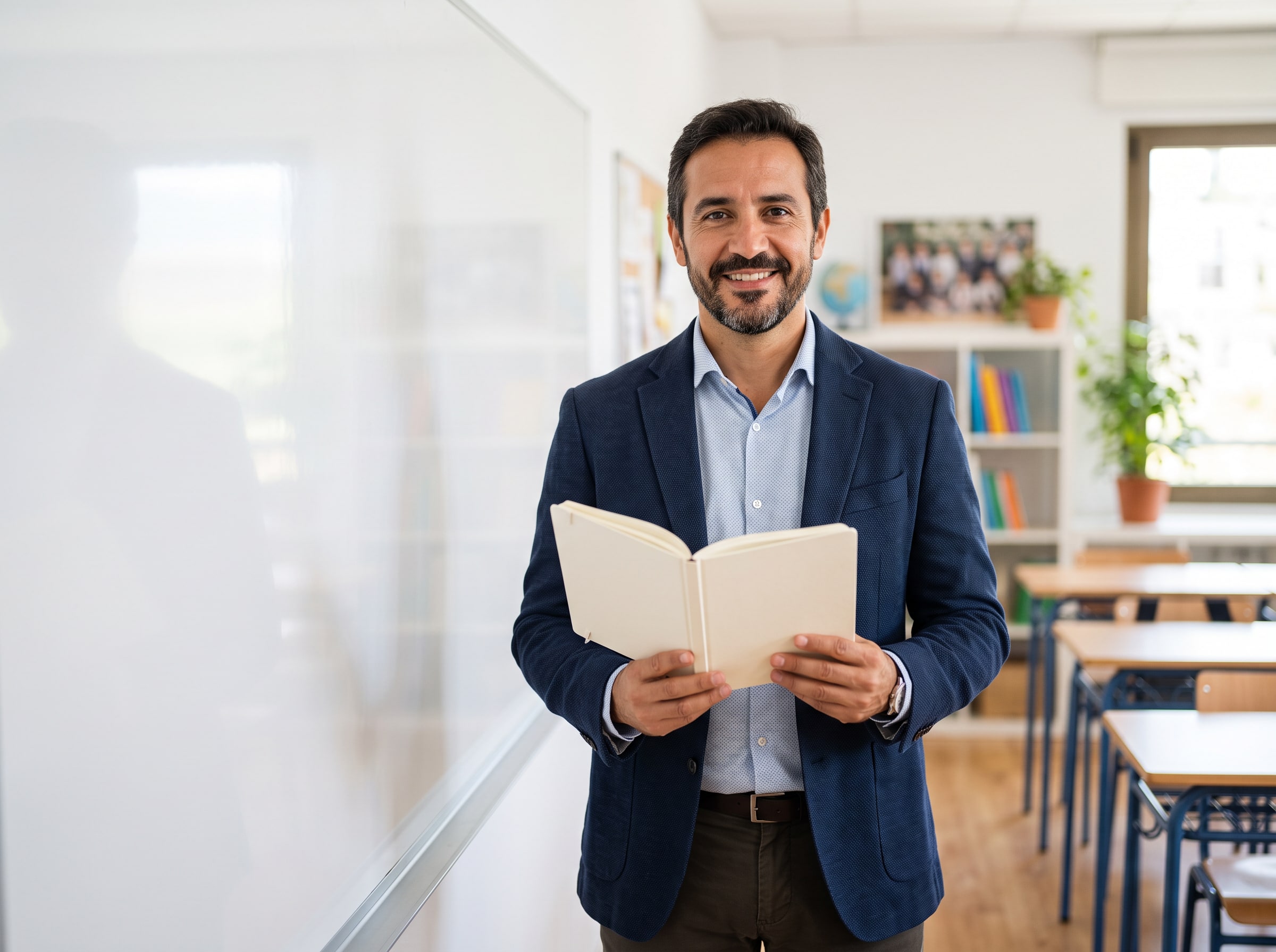 A male teacher beside a blank whiteboard