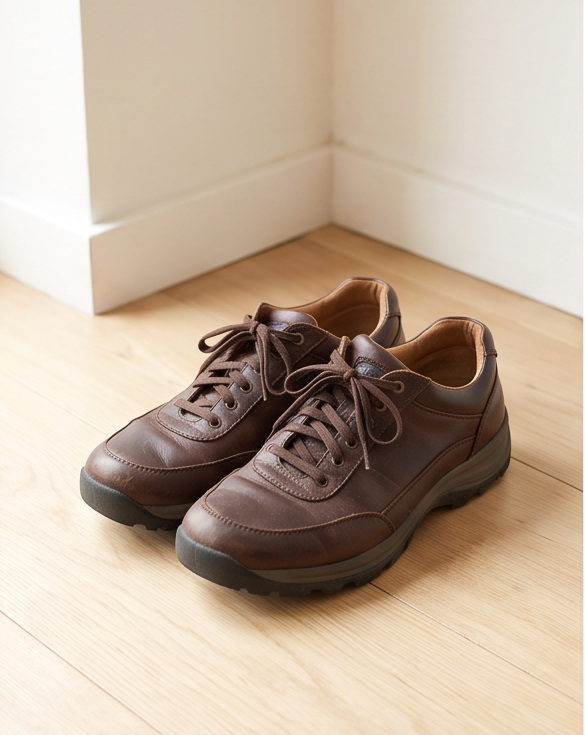 A pair of brown shoes in a shop