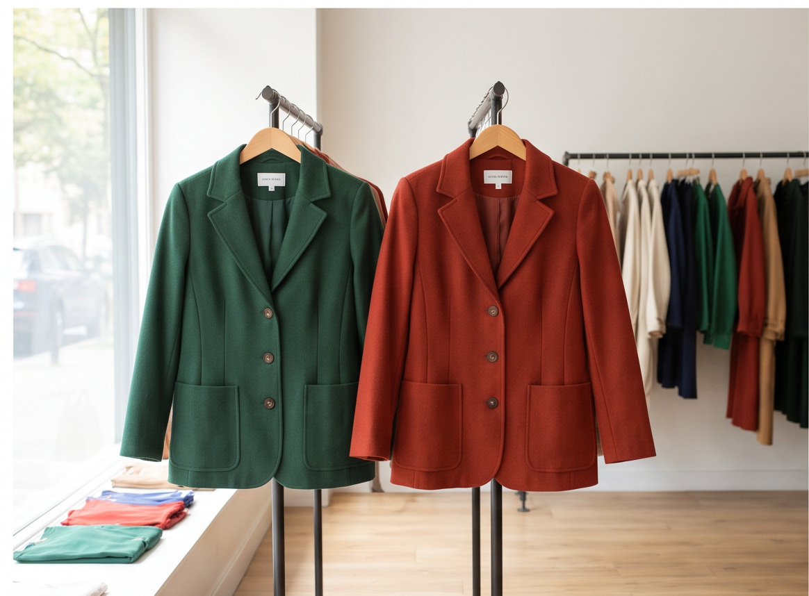 A green jacket and a rust red jacket on hangers