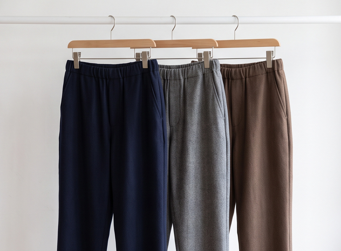 Blue, gray, and brown trousers on hangers