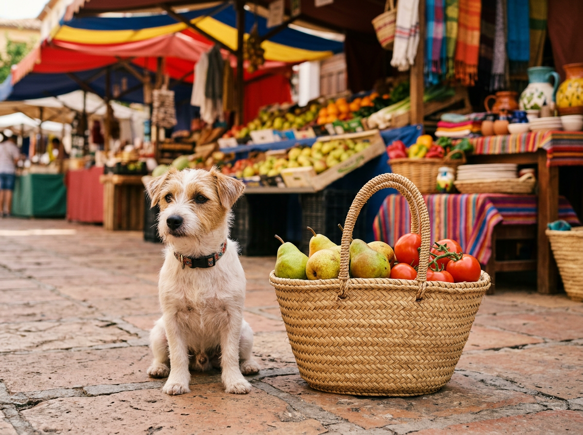 Small dog beside a woven market basket of pears and tomatoes
