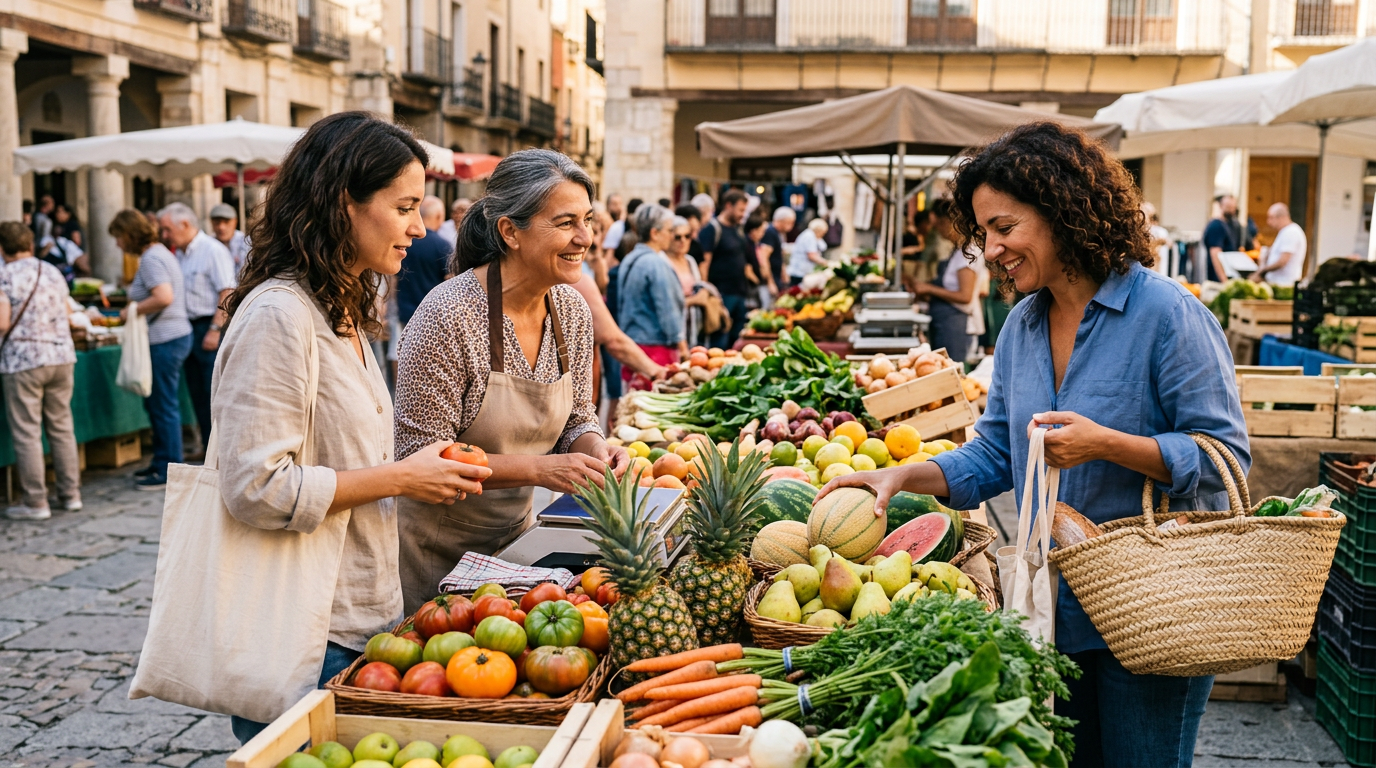 Spanish weekly market with a produce seller and shoppers