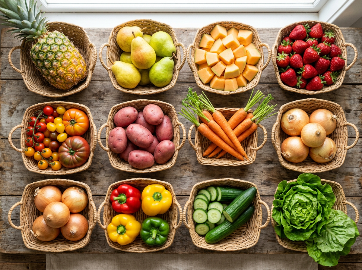 Fresh fruit and vegetables arranged in market baskets