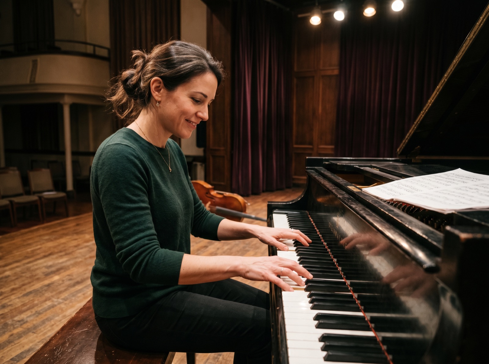A female pianist playing a grand piano on a small stage