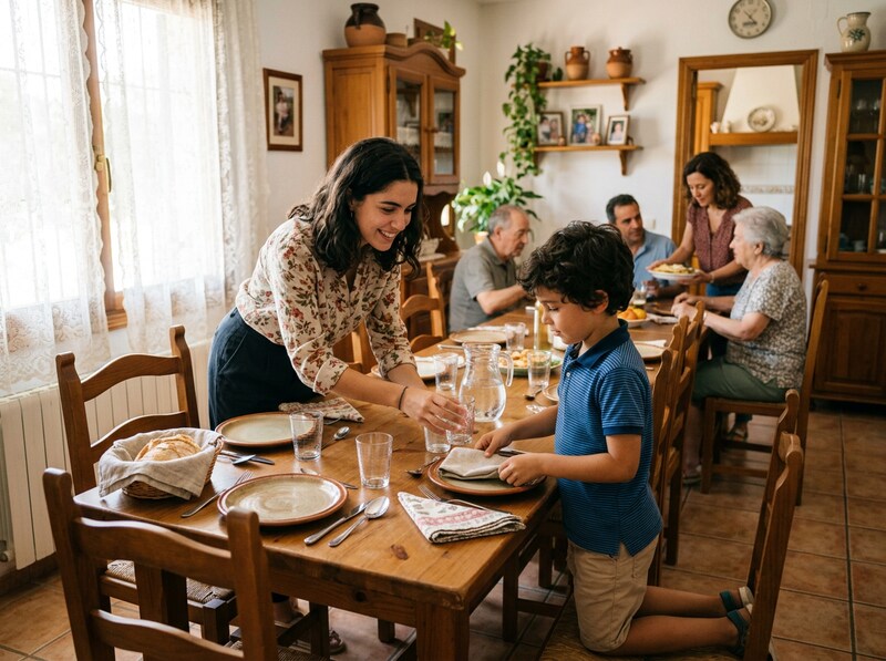 Family members setting drinking glasses on a table