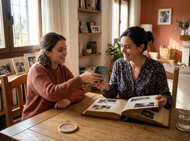 Two women sharing a mobile phone at a table