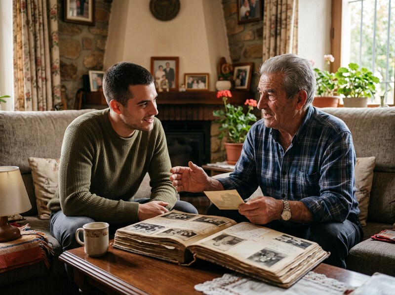 Young man listening to his grandfather tell a family story