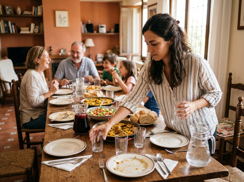Person placing drinking glasses on a family dining table