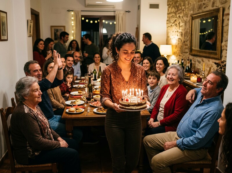 Person carefully carrying a cake to a family table