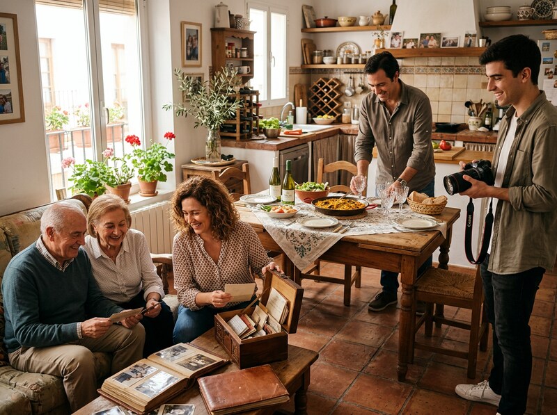 Family preparing a Sunday lunch with photos and a memory box