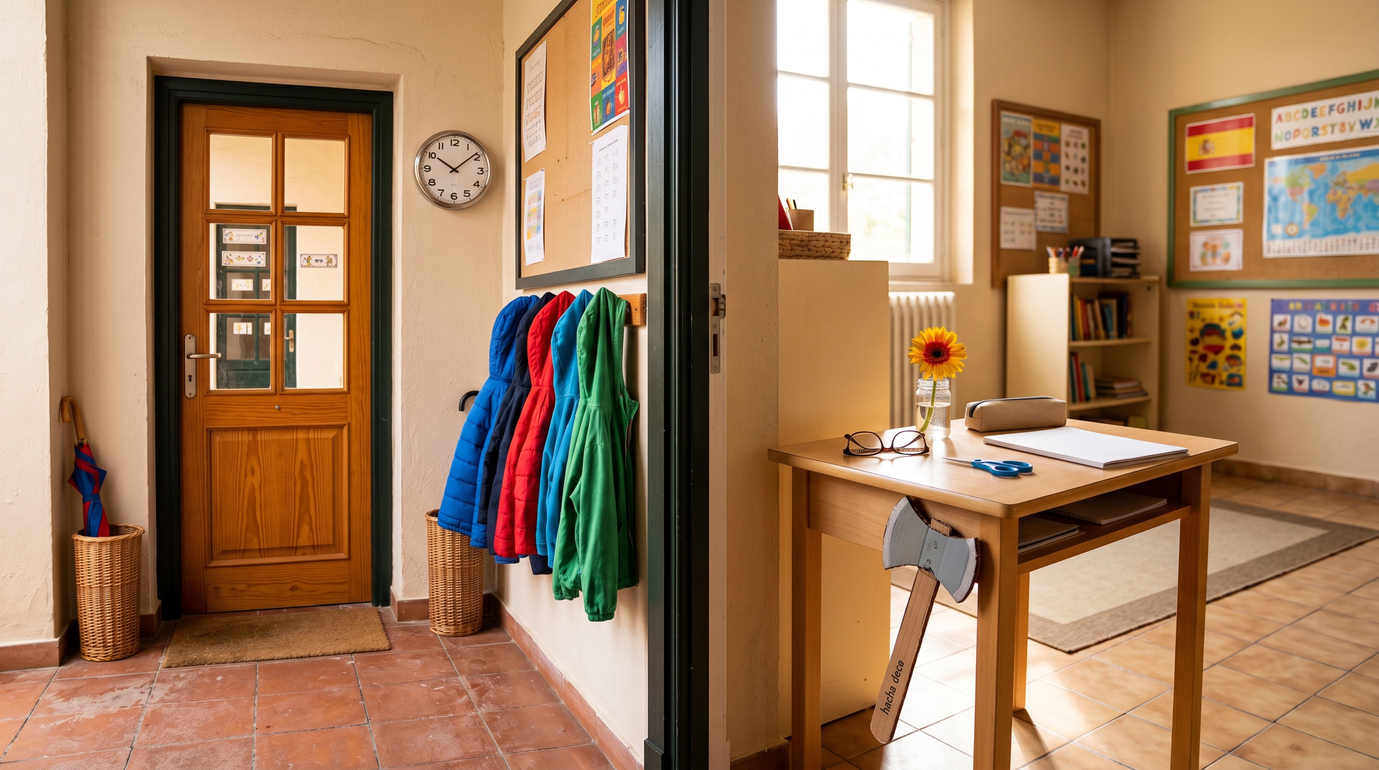 School entrance and classroom scene for the beginner reading text