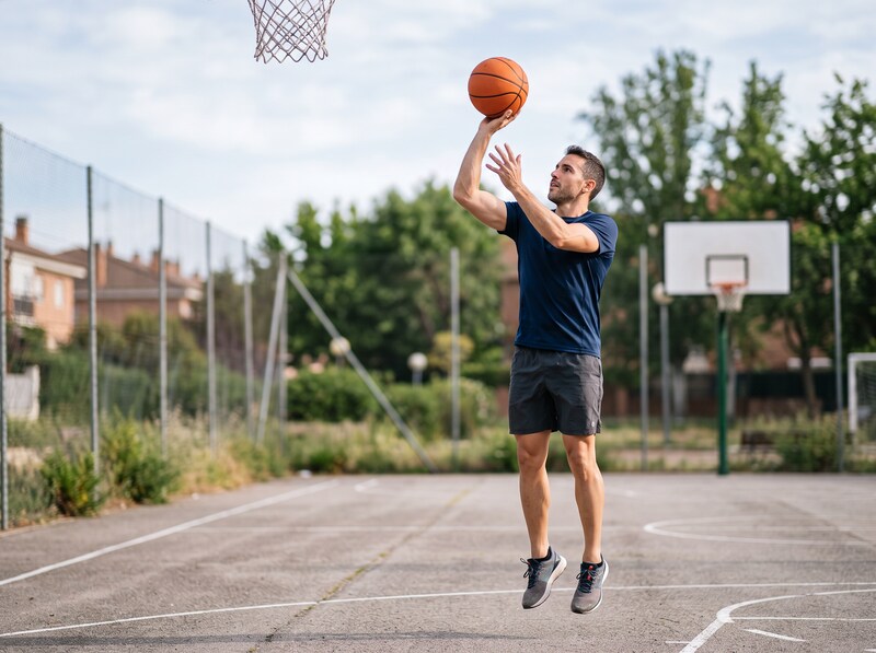 An adult man shooting a basketball