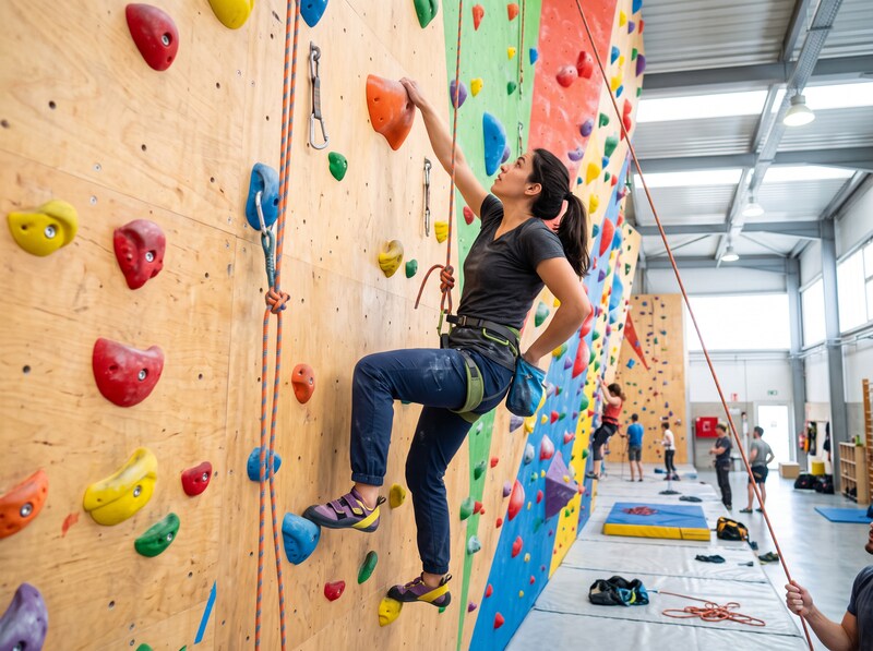 An adult climber on a safe indoor climbing wall