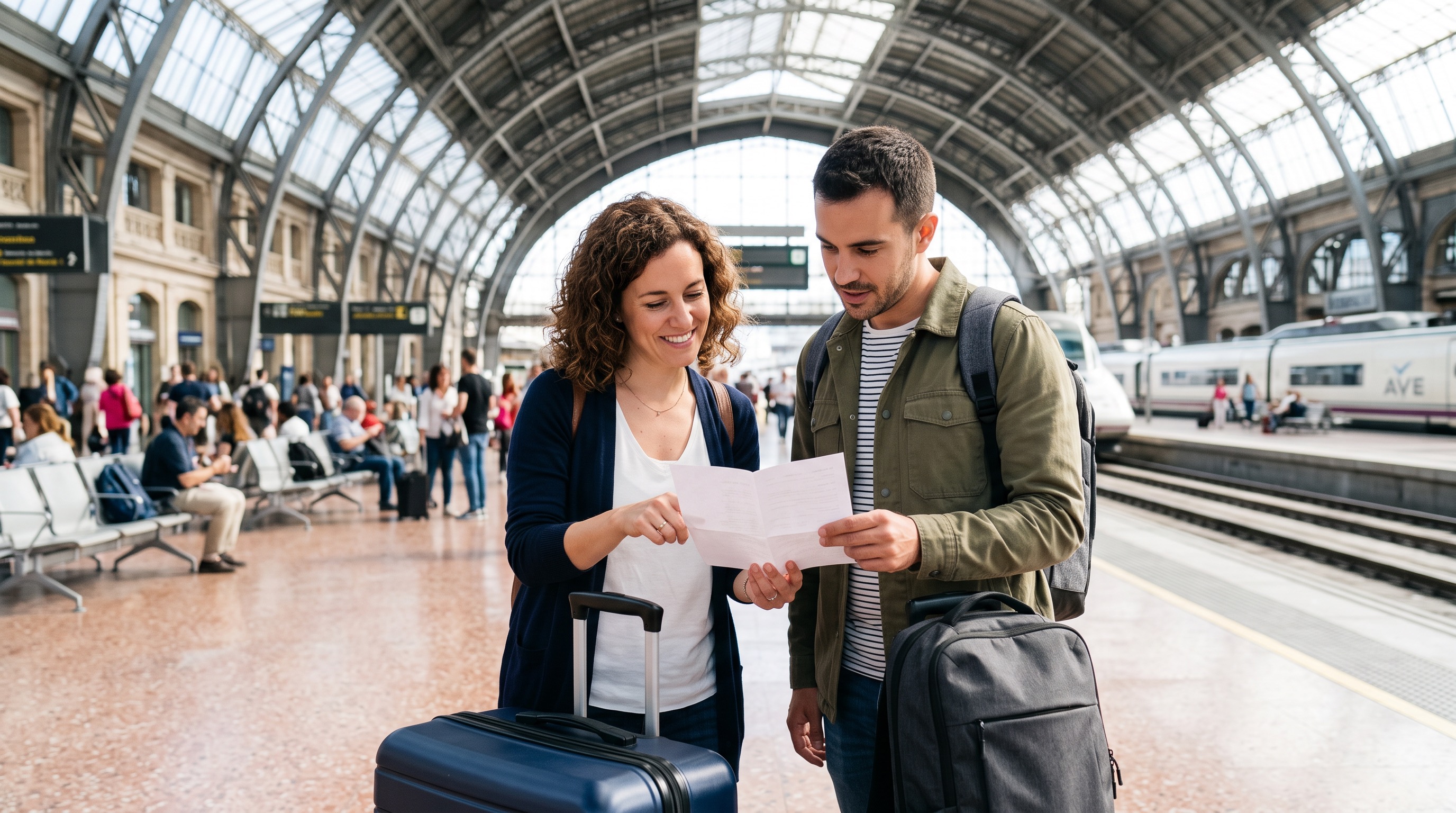 Clara and Mateo planning a trip in a Madrid station