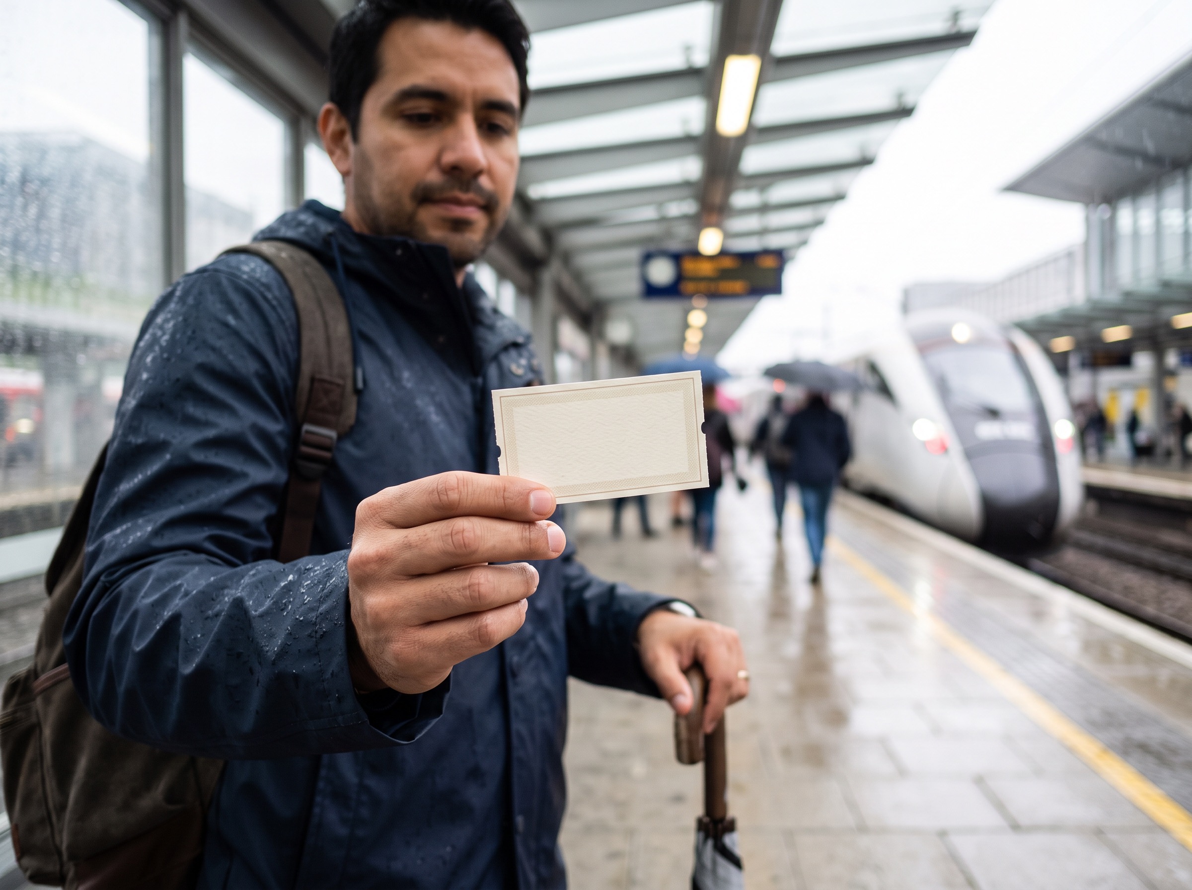Carlos holding one train ticket