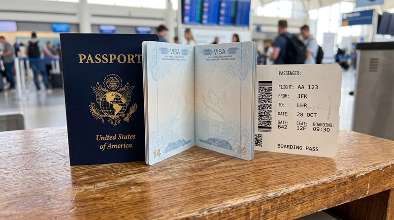 A clearly visible open passport beside a boarding pass