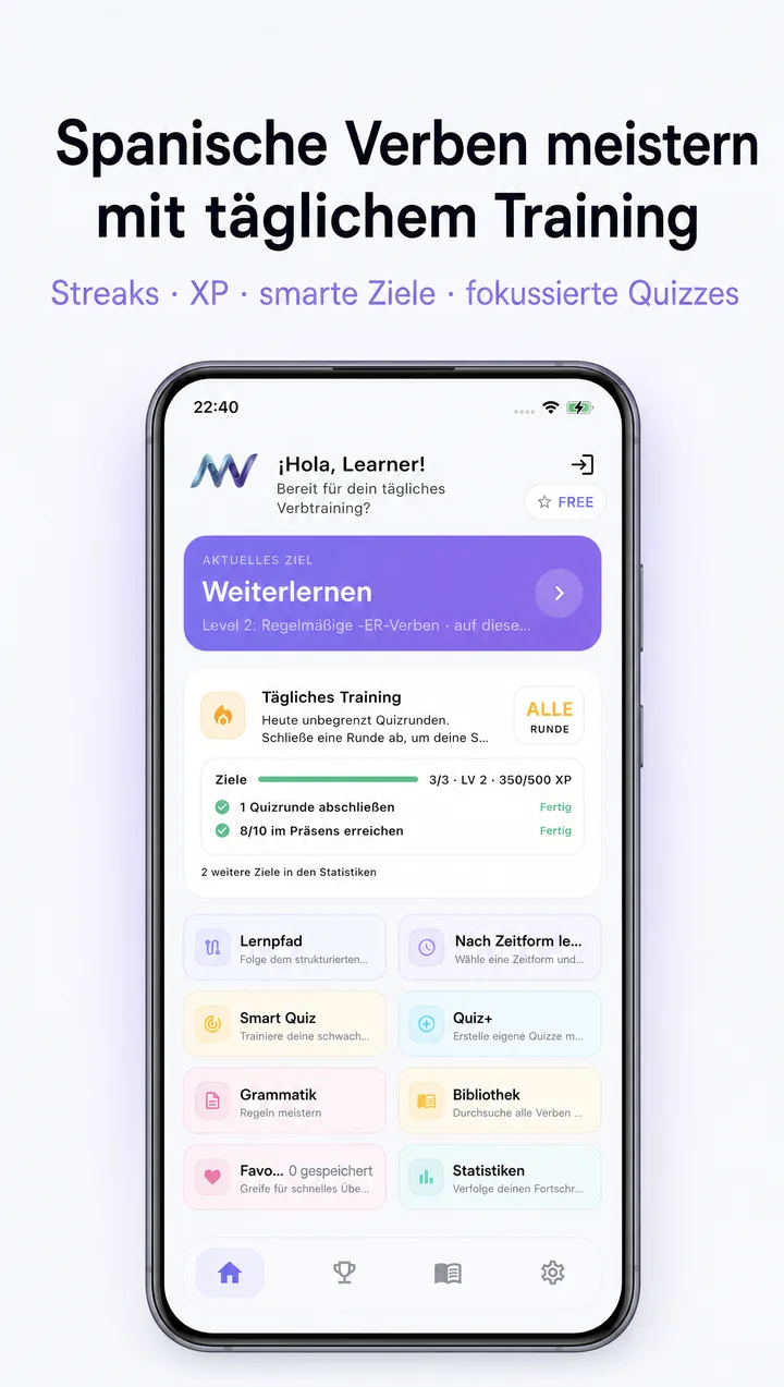 MuyVerbs Dashboard — Spanische Verben meistern mit täglichem Training
