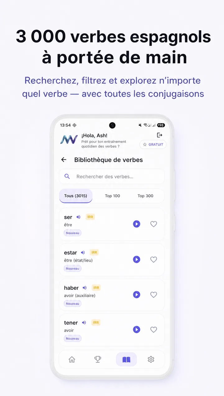 Bibliothèque de verbes MuyVerbs — 3 000 verbes espagnols à portée de main