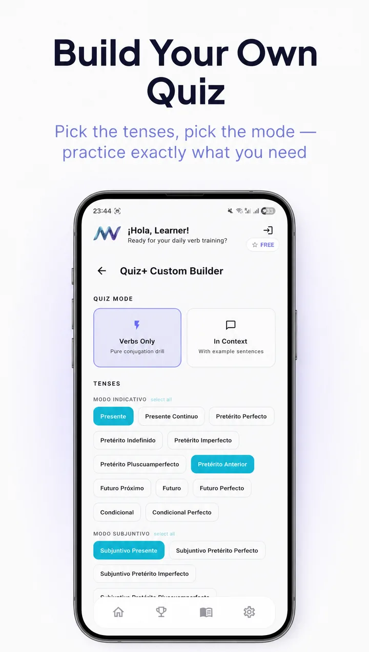 MuyVerbs Quiz+ Custom Builder — pick tenses, pick mode