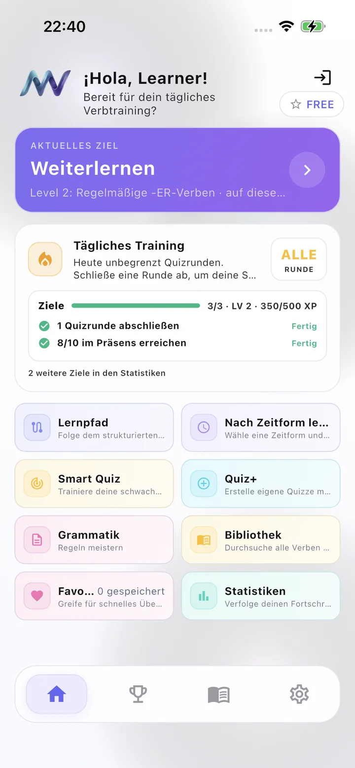 MuyVerbs Dashboard auf Deutsch — Hola Learner Begrüßung, Tagesziel Weiterlernen, Tägliches Training und Funktions-Kacheln