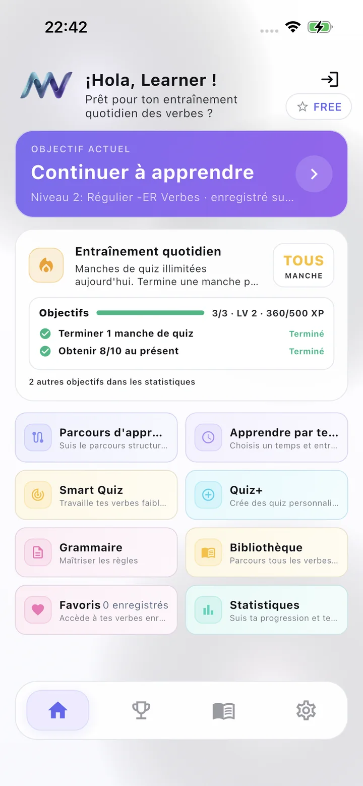 Tableau de bord MuyVerbs en français — salutation Hola Learner, objectif Continuer à apprendre, Entraînement quotidien et tuiles de fonctionnalités